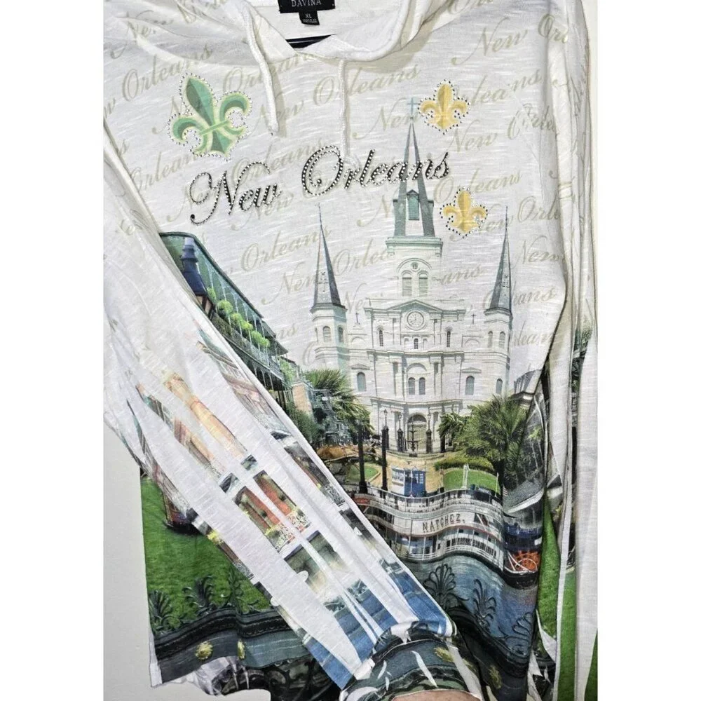 DAVINA Hooded Shirt XL New Orleans Scenic Artsy Long Sleeve Casual Studded NOLA